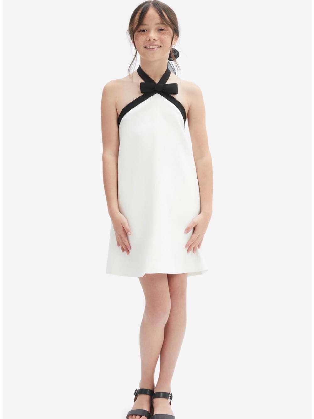 Brand New Girls Tiffany Bow Mini Dress In Orchid White/Cream with Black Accent
